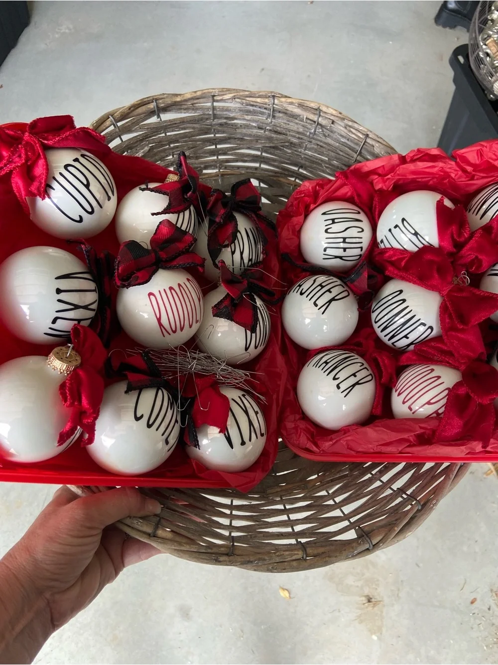 Rae Dunn White Ceramic Ornaments with Red Ribbon Accents Set of 18